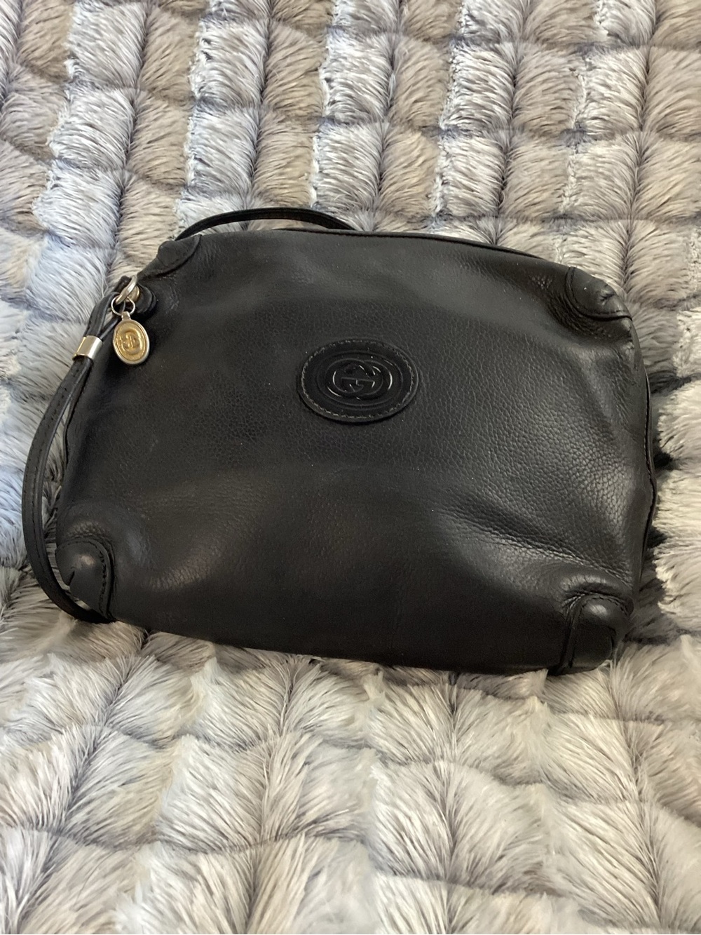 Gucci Black Leather Crossbody with Double G Medallion and Gold Charm